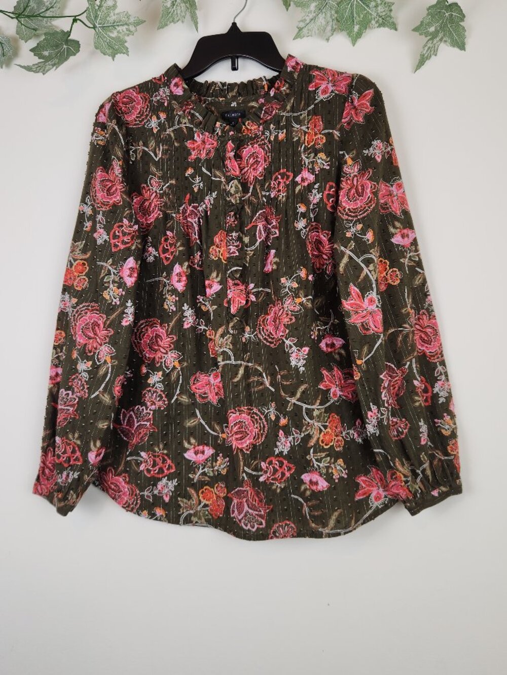 Talbots Size M Olive Green Floral Metallic Stripe Ruffle Neck Top Blouse